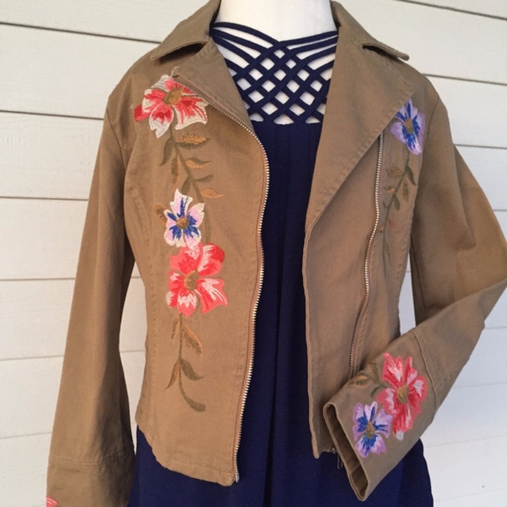 Jealous Tomato Khaki Moto Jacket With Floral Embroidery Large - Picture 2 of 6